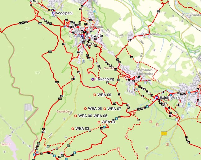 geplante WEA, Sehenswürdigkeiten und Wanderwegenetz (www.tim-online.de; Land NRW (2024) Datenlizenz Deutschland - Zero - Version 2.0)